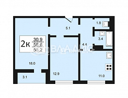 2-комнатная квартира, 58.2 м2