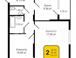 2-комнатная квартира, 54.37 м2